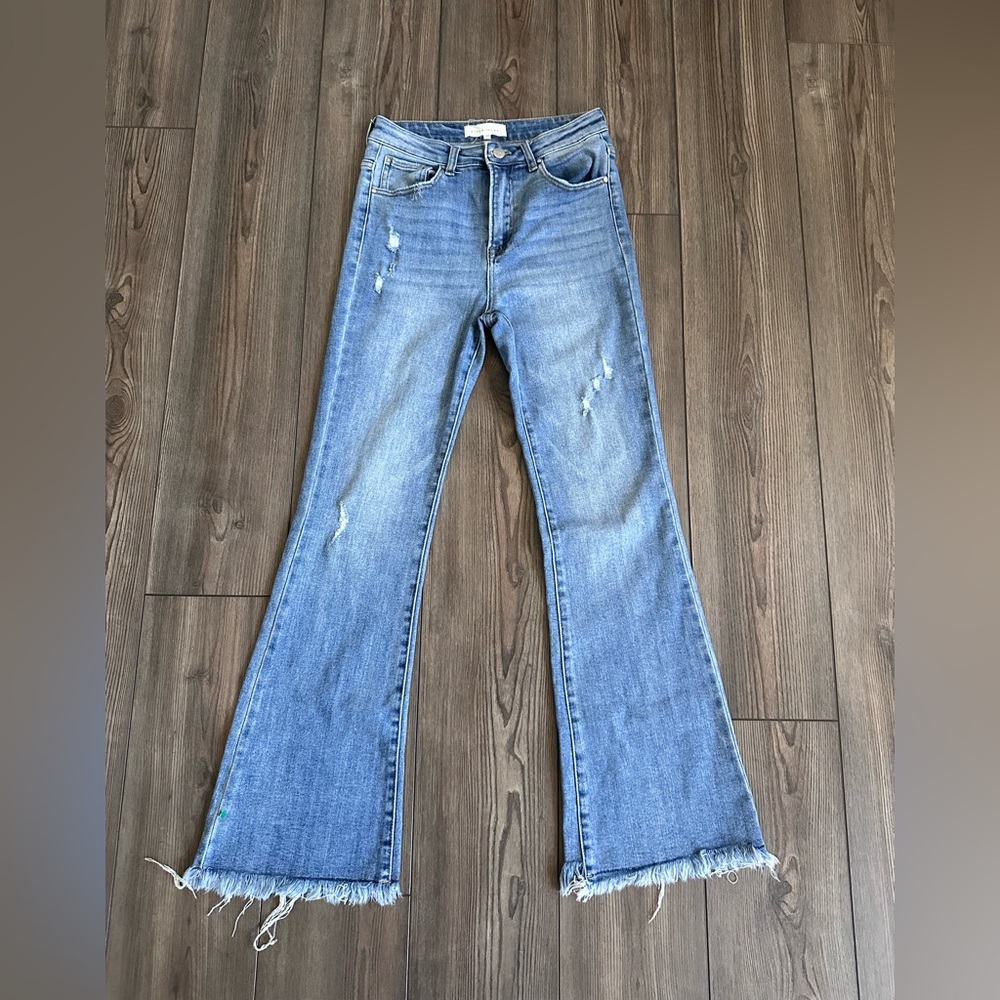 Risen High Rise Flare Jeans Distressed Raw Hem Boutique Denim - Picture 2 of 9